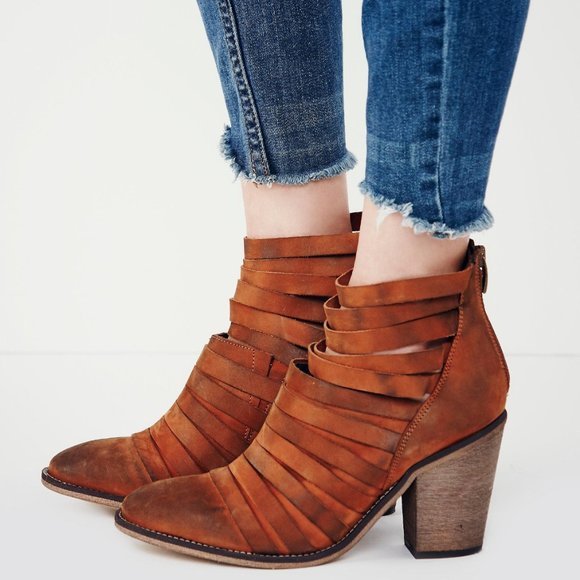 Free People Strappy Hybrid Stacked Heel Boot Brown Leather 38 Brown Zip Strap - Picture 6 of 15